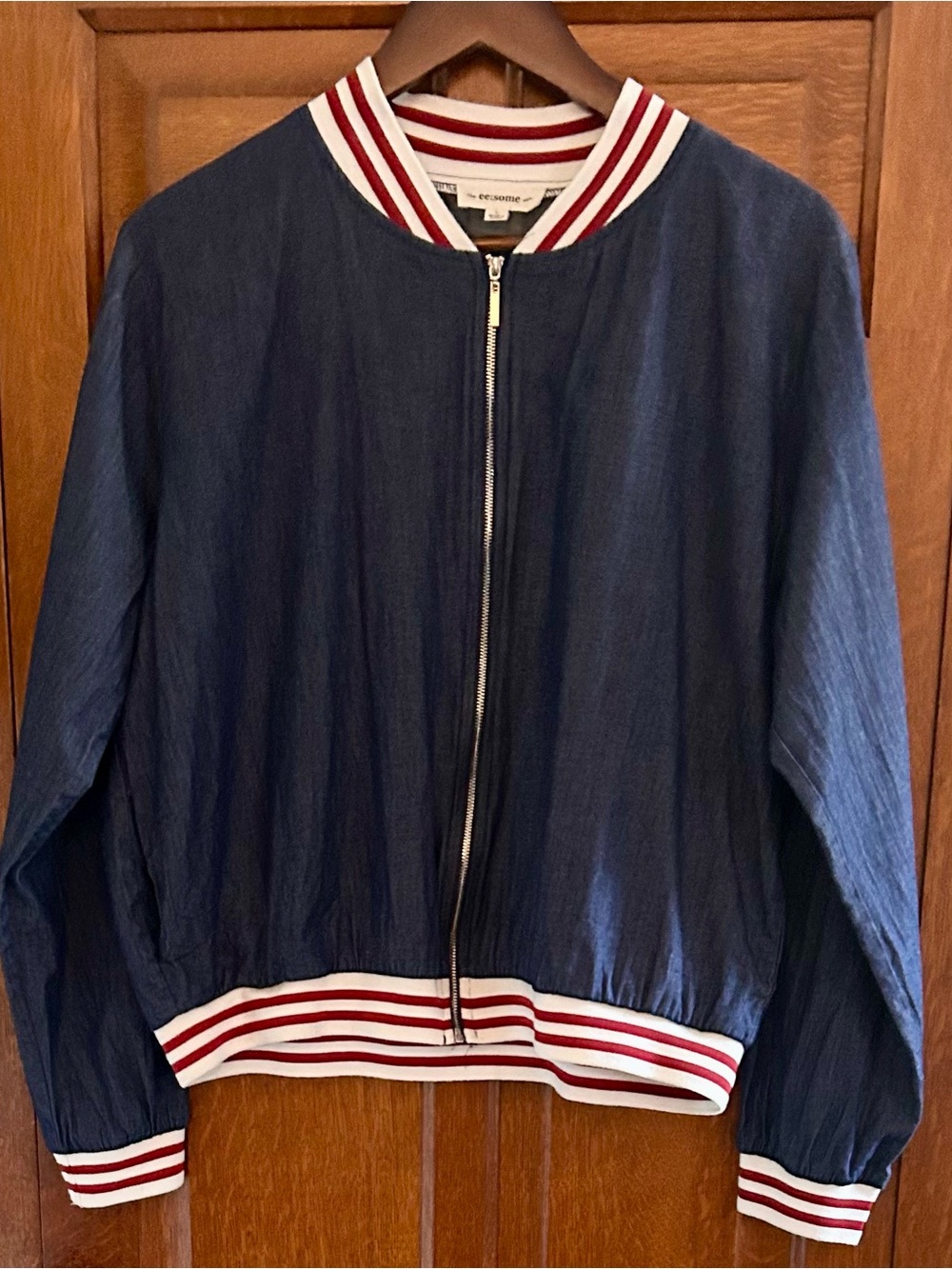 eesome Navy Bomber Jacket with Red & White Striped Trim